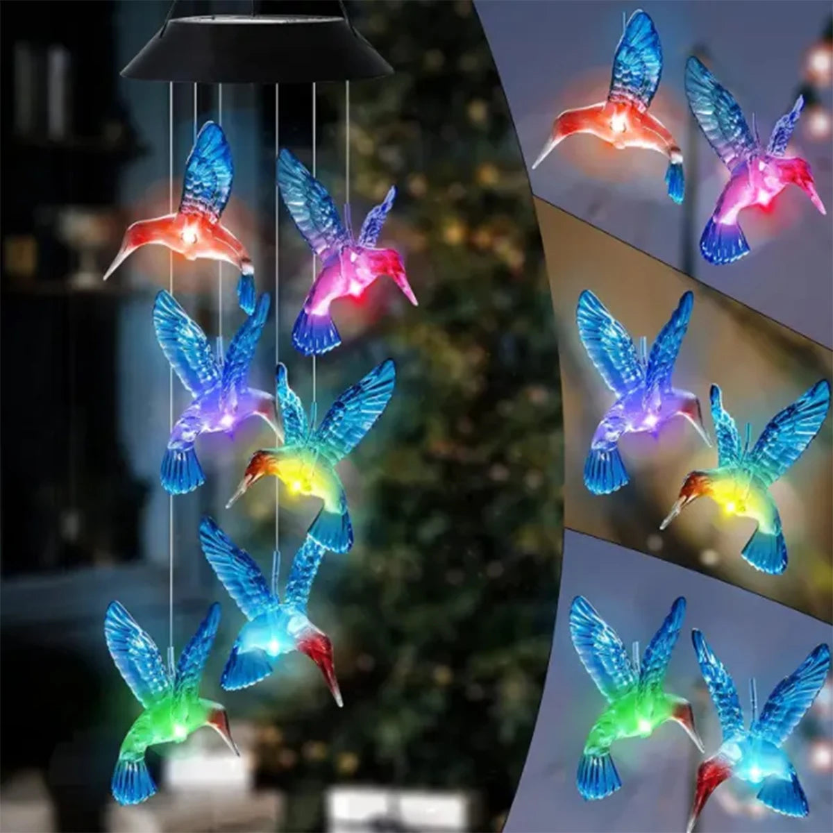 Hummingbird Solar Wind Chime — Color-Changing LED Outdoor Light