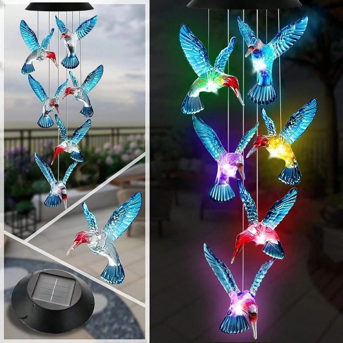 Hummingbird Solar Wind Chime — Color-Changing LED Outdoor Light